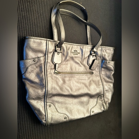 Coach Silver/Charcoal metallic Leather Tote Bag - Picture 1 of 7